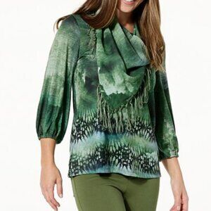 One World Blue Washed 3/4 Long Sleeve Light Knit Sweater With Scarf M